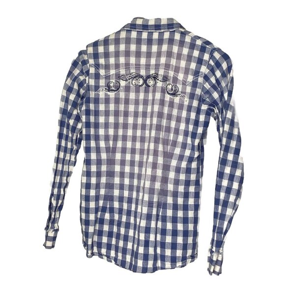 Rock 47 Wrangler Women’s western snap plaid blue white Shirt Size Small - Picture 2 of 9